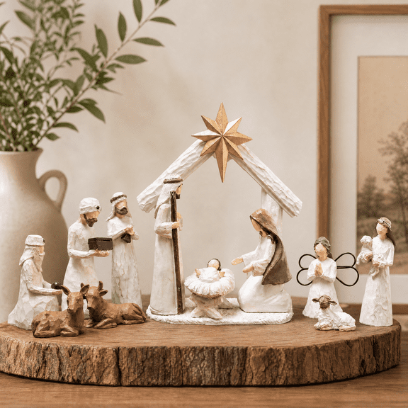 Dazzle Bright Christmas Nativity Scene Set, 12 Piece Resin Miniature Holy Family Figurines, Mini Decorative Religious Christmas Figurines, Jesus Nativity Scene Collection for Tabletop Chapel Decor