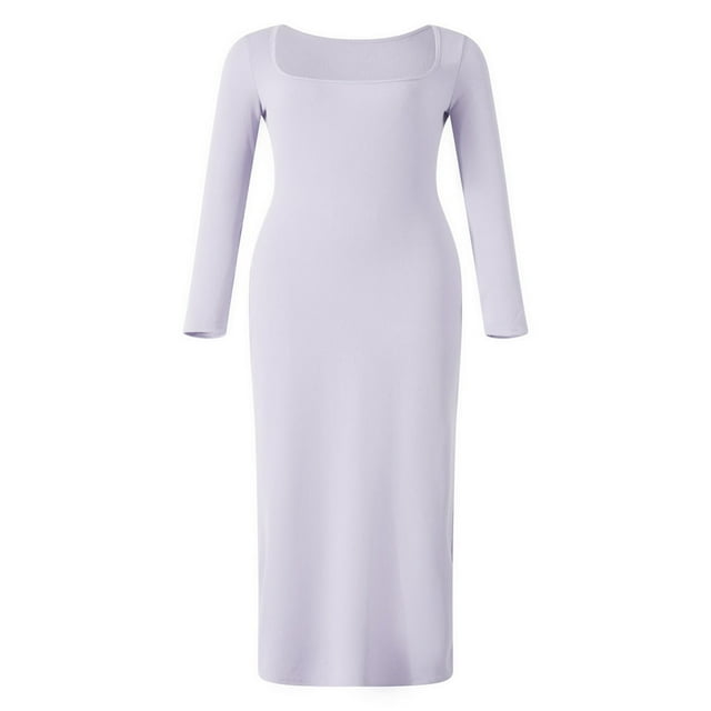Women Long Bodycon Dress Solid Color Knitted Ribbed Square Neck Long Sleeve Dress Spring Fall Party Club Skinny Dress