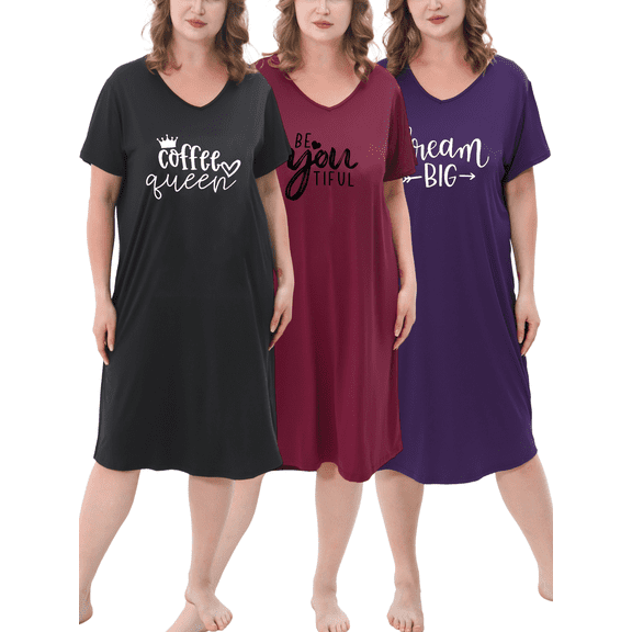 FEREMO 3 Pack Nightgowns for Women Plus Size V Neck Printed Sleepwear Loose Comfy Night Gown