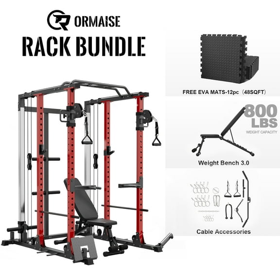 Power Rack Cage PC07, 2200 lbs Weight Rack with Cable Crossover Machine,Multi-Function Squat Rack with J Hooks,Dip Bars and Landmine for Home Gym (Red), Plate Loaded