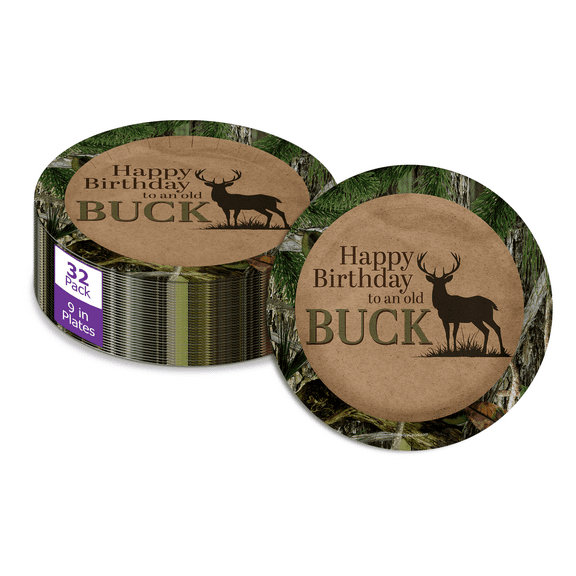 Happy Birthday To The Old Buck - 32 Piece Disposable Party Supplies - Decorations for Deer Hunter Birthday Round Party Plates - Large 9" Paper Plates In Bulk