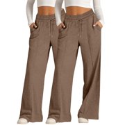 2PC Women's Solid Color Wide Leg Pants, High Waist Lounge Pants with Drawstring, Elastic Waist Trousers, Casual Loose Fit Pants, Soft Comfort Pants Set Brown L