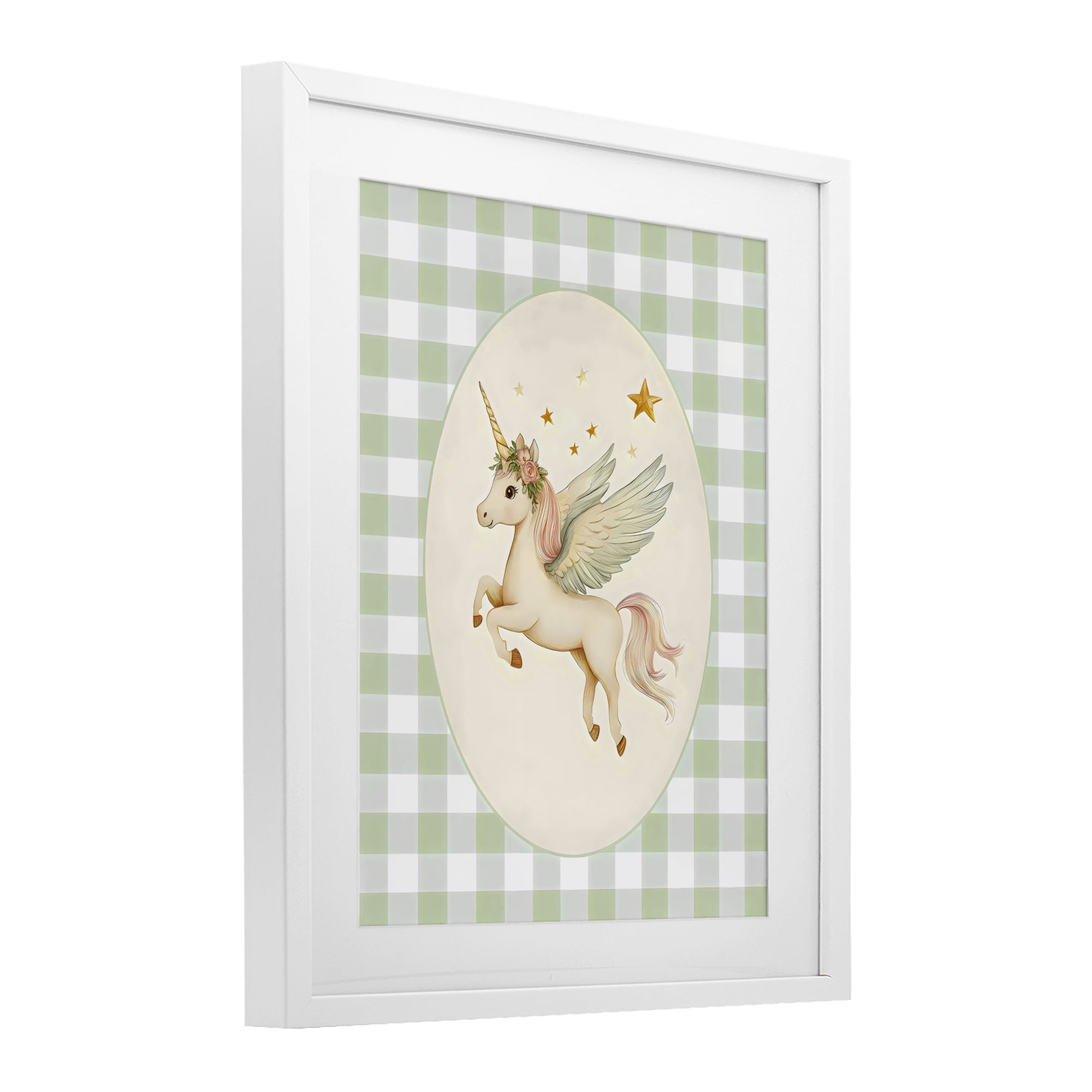 Stupell Industries Winged Unicorn over Green Gingham White Framed Print Under Glass, design by Arlington Prints