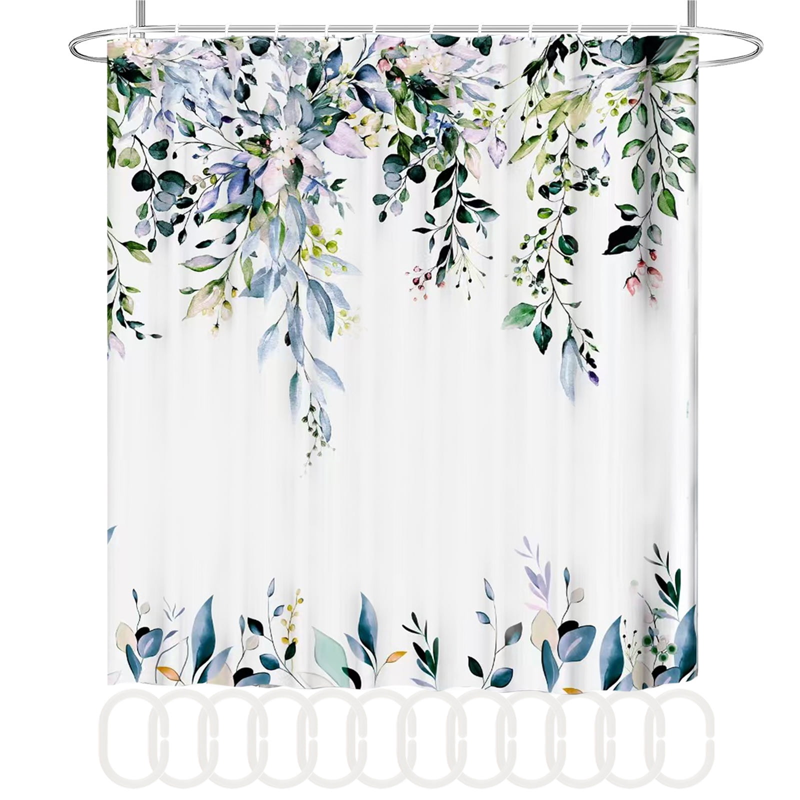 Dznils Blue Green Eucalyptus Fabric Shower Curtain, Watercolor Floral Pattern with Hooks, 72" x 72"
