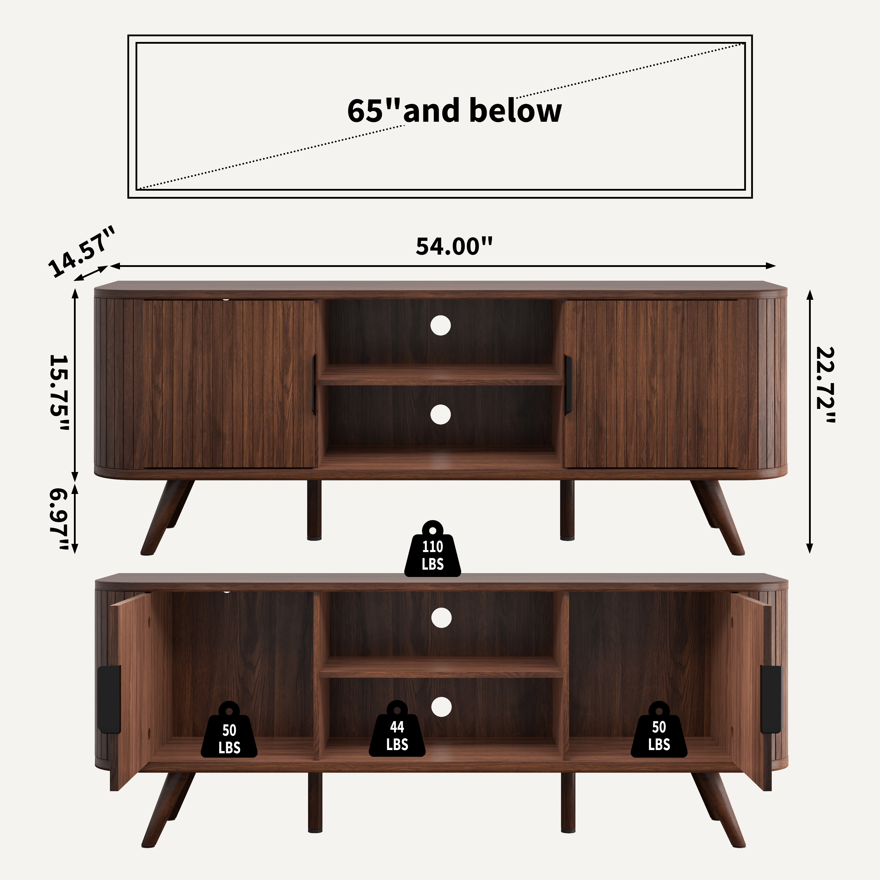 Tydimor 65" TV Stand with Storage Shelves & Drawers, Walnut photo 3
