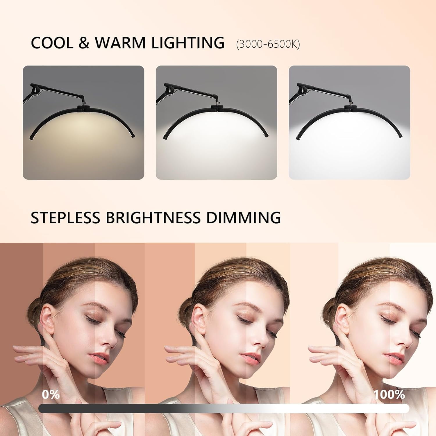 Half Moon Light Lash Lamp, Movable Shadowless LED Floor Lamp w/Adjustable Height & Phone Holder, Dimmable Lighting for Eyelash Extensions, Lash Tech, Nail, Tattoo, Esthetician & Salon (Black)