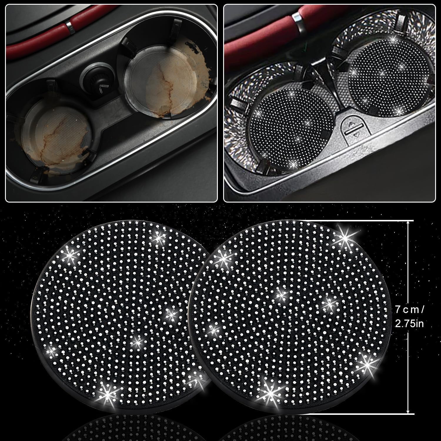 27 PCs Black Bling Car Accessories Set for Women, Steering Wheel Covers Universal Fit 15 Inch, Bling License Plate Frame, Bling Phone Holder, Bling Car Coasters (Black Diamond)