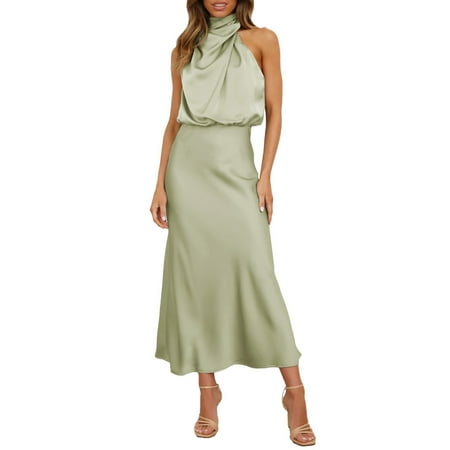 snowsong Maxi Dress Flowy Dresses Women s Summer Long Formal Satin Dress Mock Neck Sleeveless Side Slit Flowy Maxi Tank Dresses Women Dresses Elegant Dresses Vintage Dress Green Dress L