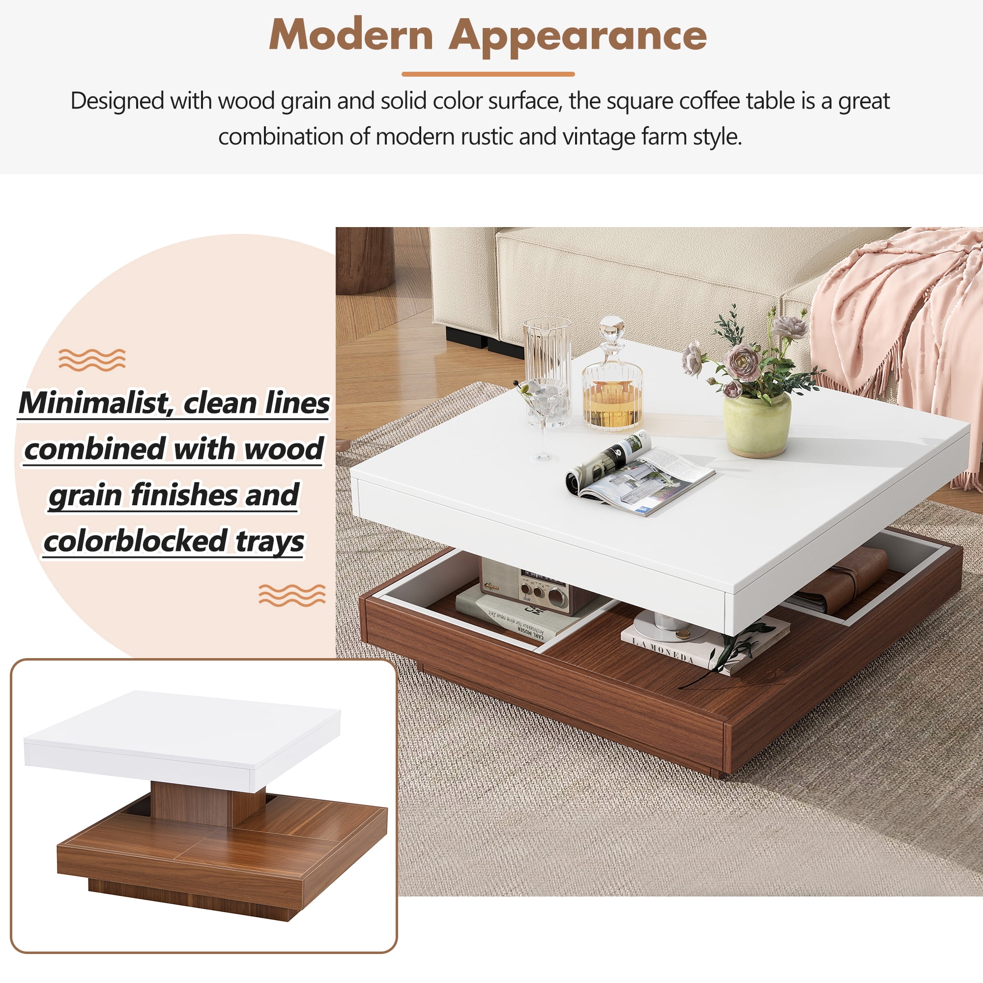 MAYEERTY Modern Square 360° Rotating Coffee Table with Three Detachable Trays, 2-Tier Farmhouse Wood Center Table with Storage for Living Room, White, 27.5*27.5in