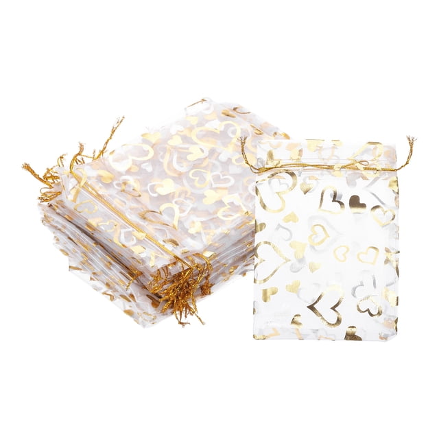 100 Pcs 4x6 Pulgadas Bolsas de Organza Impresas con Corazones, Bolsas de Organza Transparentes Oro Plata con Cordón para Regalos de Favor de Dulces