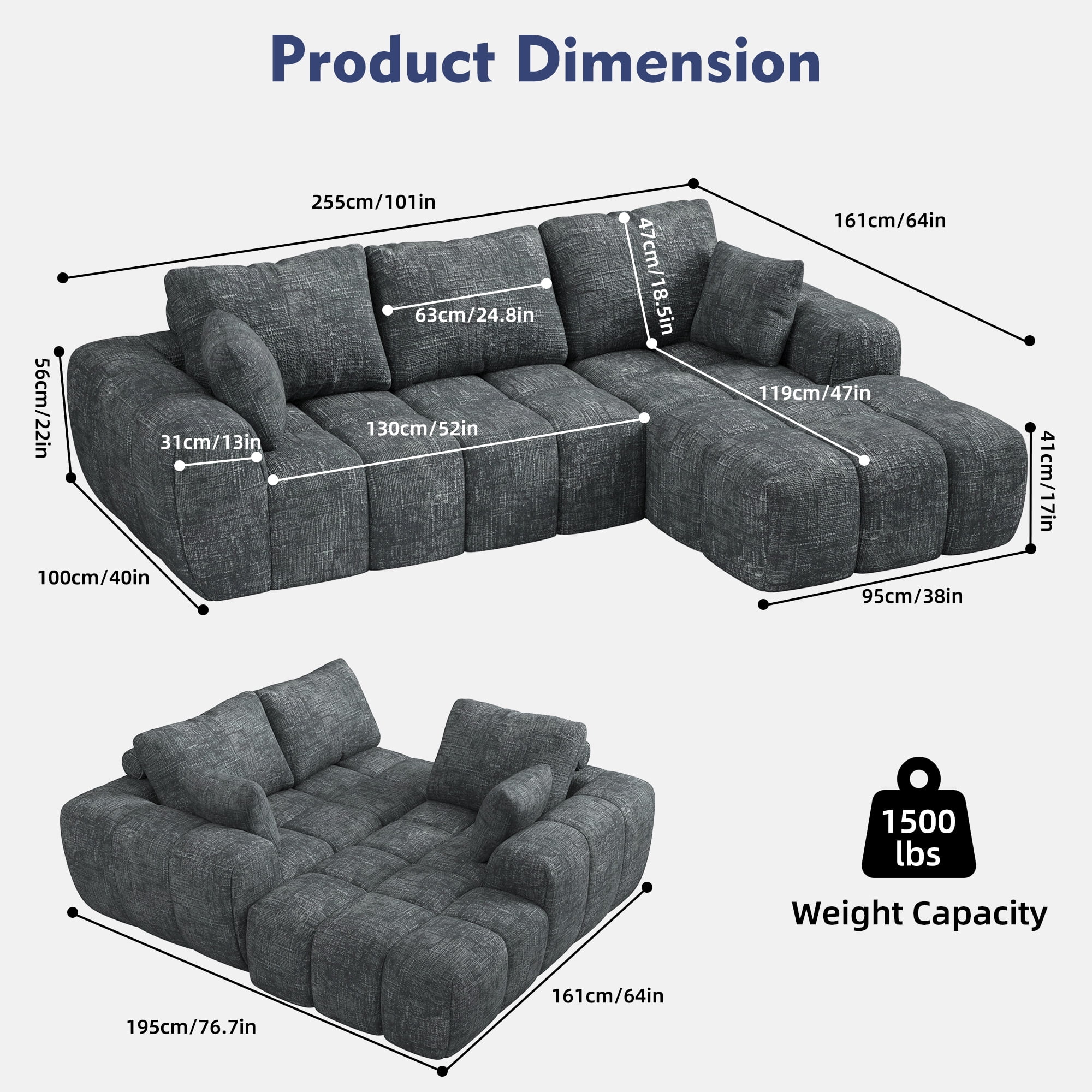 IDEALSOUL Sectional Sofa, 101" L-Shaped Modular Cloud Couch,Unique Chenille Fabric Couches and Sofas,Compression Sofa No Assembly Required(Deep Gray)