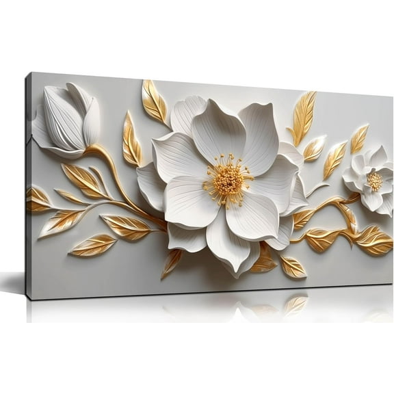 WFSposterCanvas Wall Art for Living Room Bedroom Office White and Gold Flower Artwork Large Botanical Floral Wall Art Framed Wall Decor Modern Canvas Prints