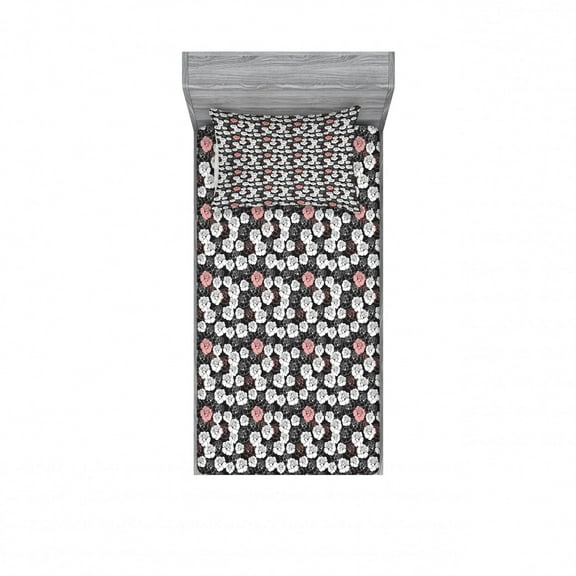 Vintage Bedding Set with Sheet & Covers, Floral Pattern with Burgeoning Rose Blossoms Romantic Abstract Scene, Printed Bedroom Decor 2 Shams, 4 Sizes, Dark Brown White, by Ambesonne