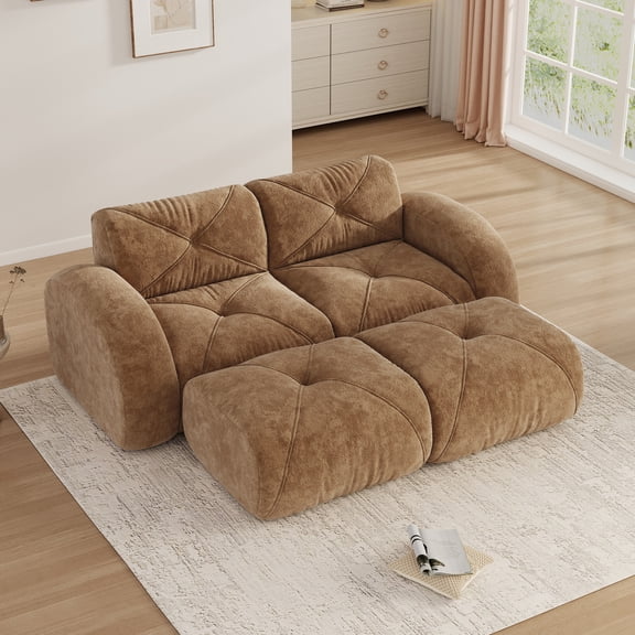 Aukfa 80" Velvet Modular Sectional Sofa, 4-Piece Boneless Living Room Couch with 2 Ottomans, Brown