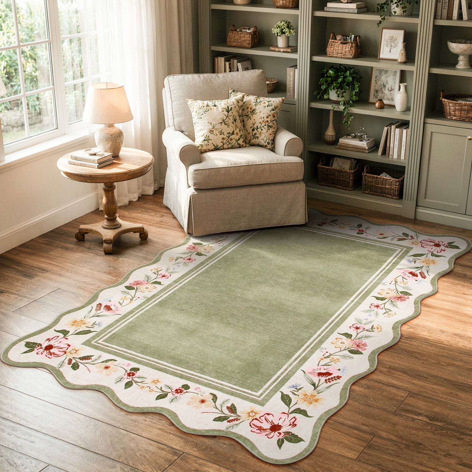 Lahome Washable 3'x5' Scalloped Area Rug, Green Floral Boho Rugs for Living Room, Ultra-Thin Soft Non-Slip Low-Pile Stain Resistant Carpet for Bedroom Dining Room Office, Green