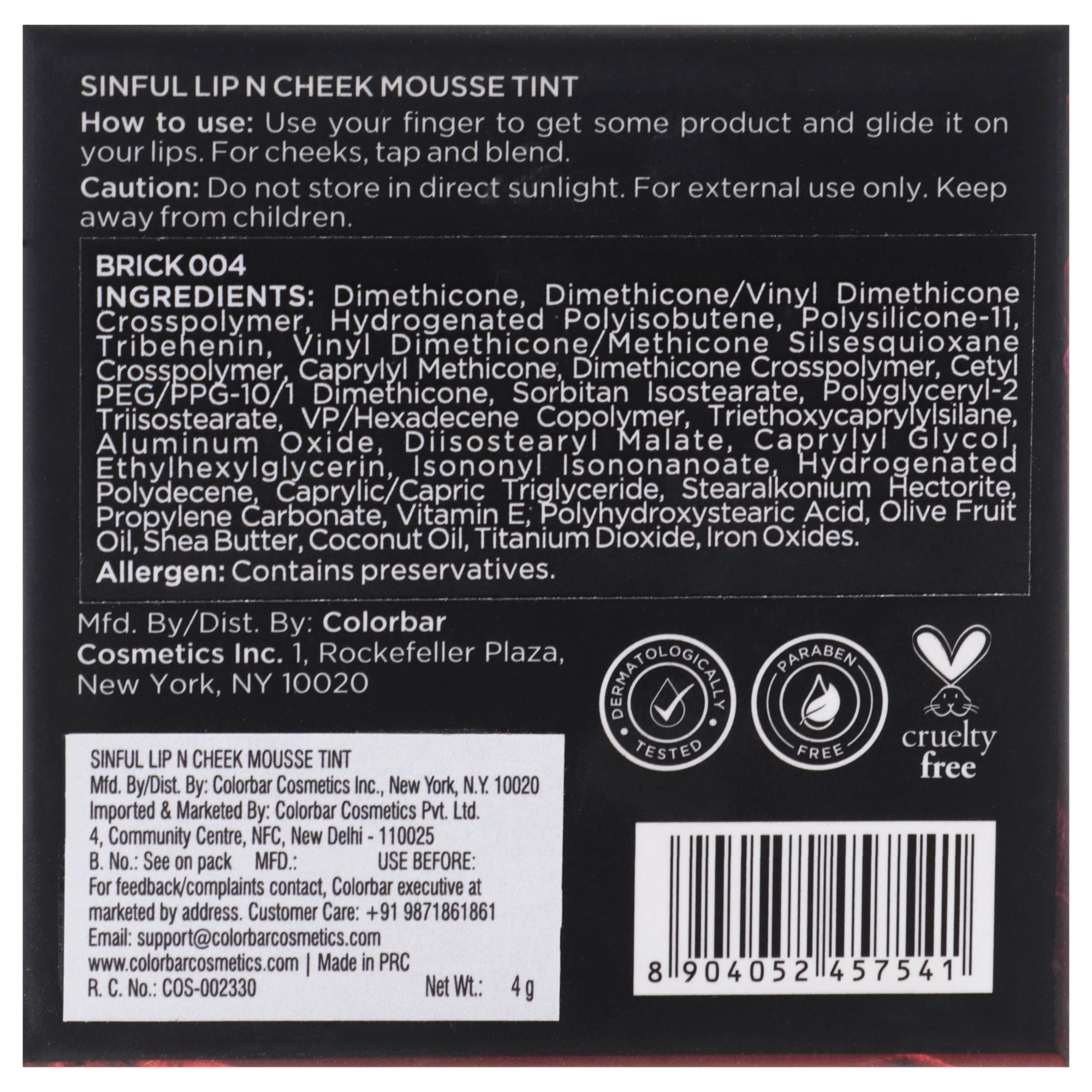 Colorbar Lip N Cheek Tint, Lip Balm and Blush, 004 Brick, 0.14 oz