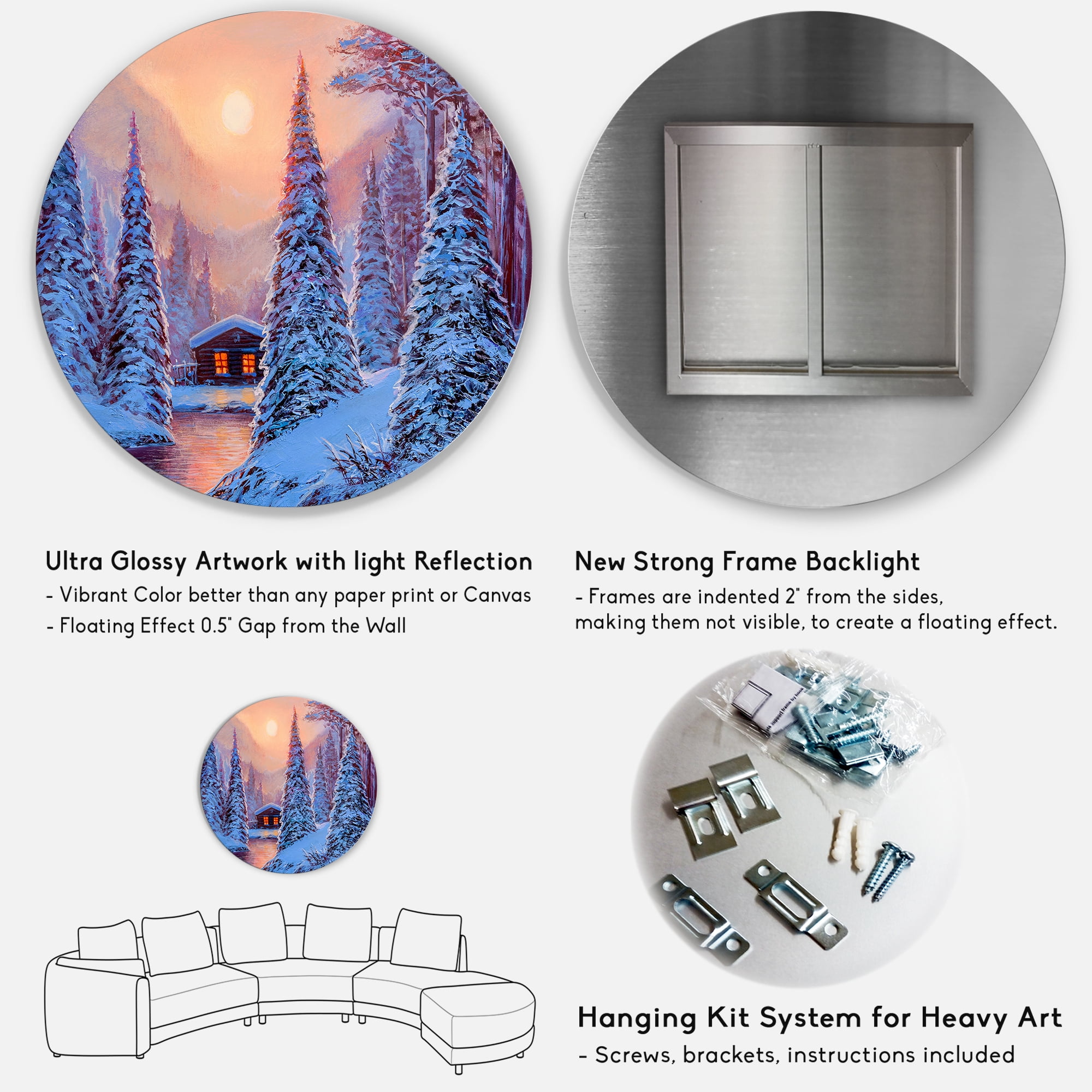 Designart 'The River House In The Woods and Winter Landscape I' Lake House Circle Metal Wall Art 36x36 - Disc of 36