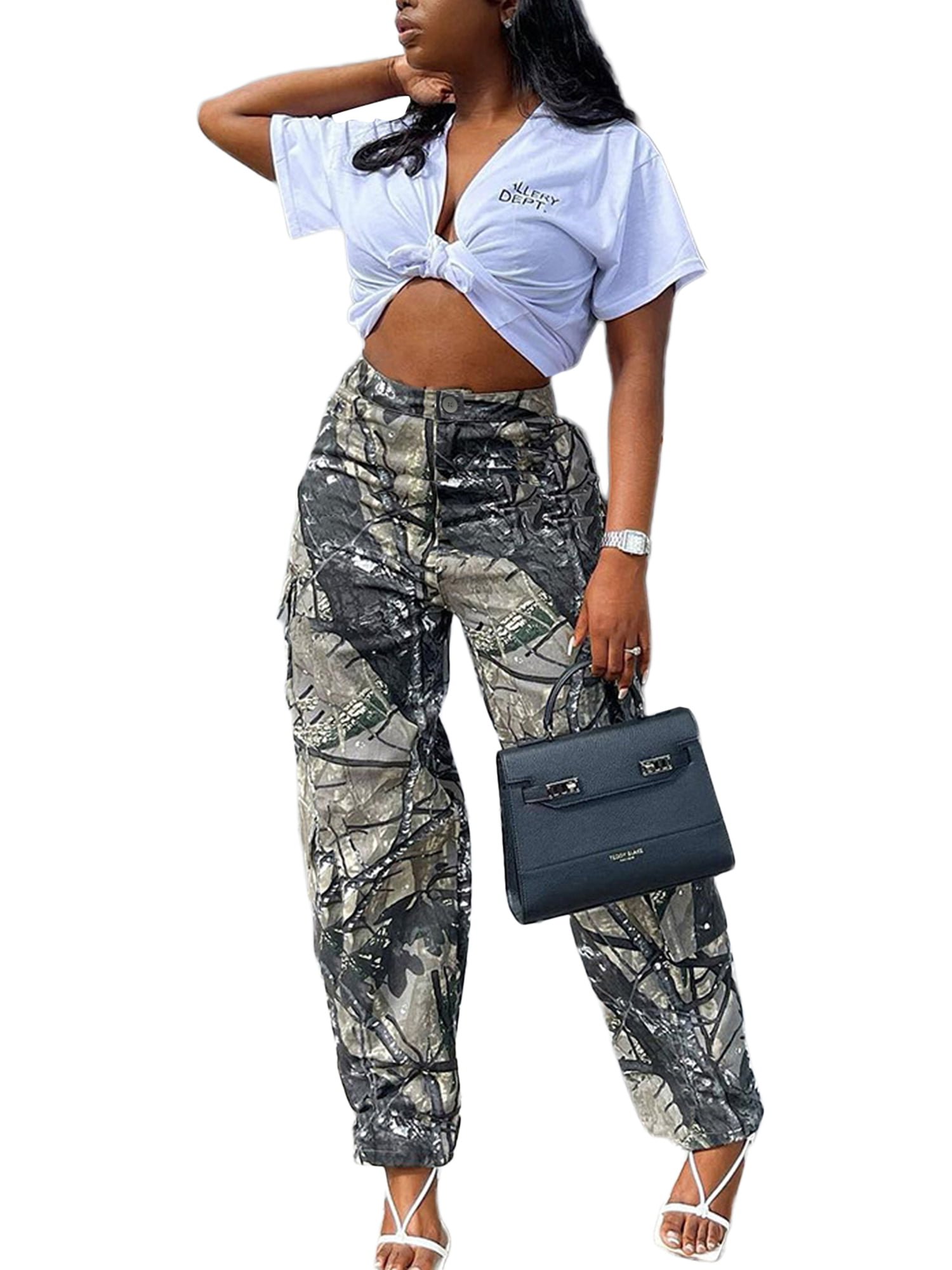 Desert Camouflage Cargo Pants Women Handsome High Waist Loose Straight  Trousers Pocket Wild Pure Cotton Casual Pants Female