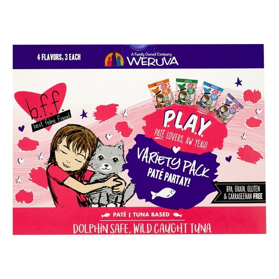 (12 Pack) Weruva BFF PLAY Pate Partay! Variety Pack Wet Cat Food, 3 oz. Pouches
