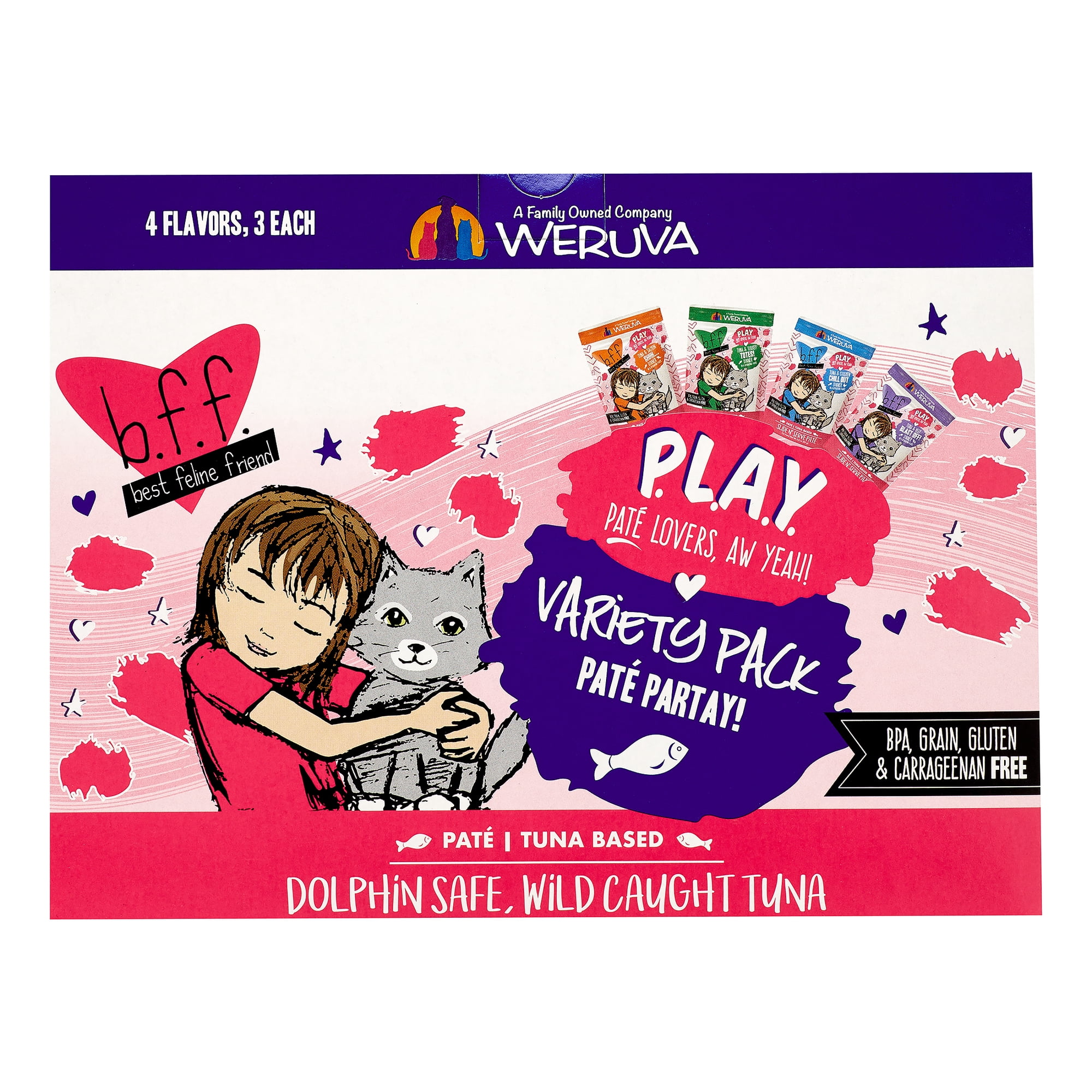 (12 Pack) Weruva BFF PLAY Pate Partay! Variety Pack Wet Cat Food, 3 oz. Pouches