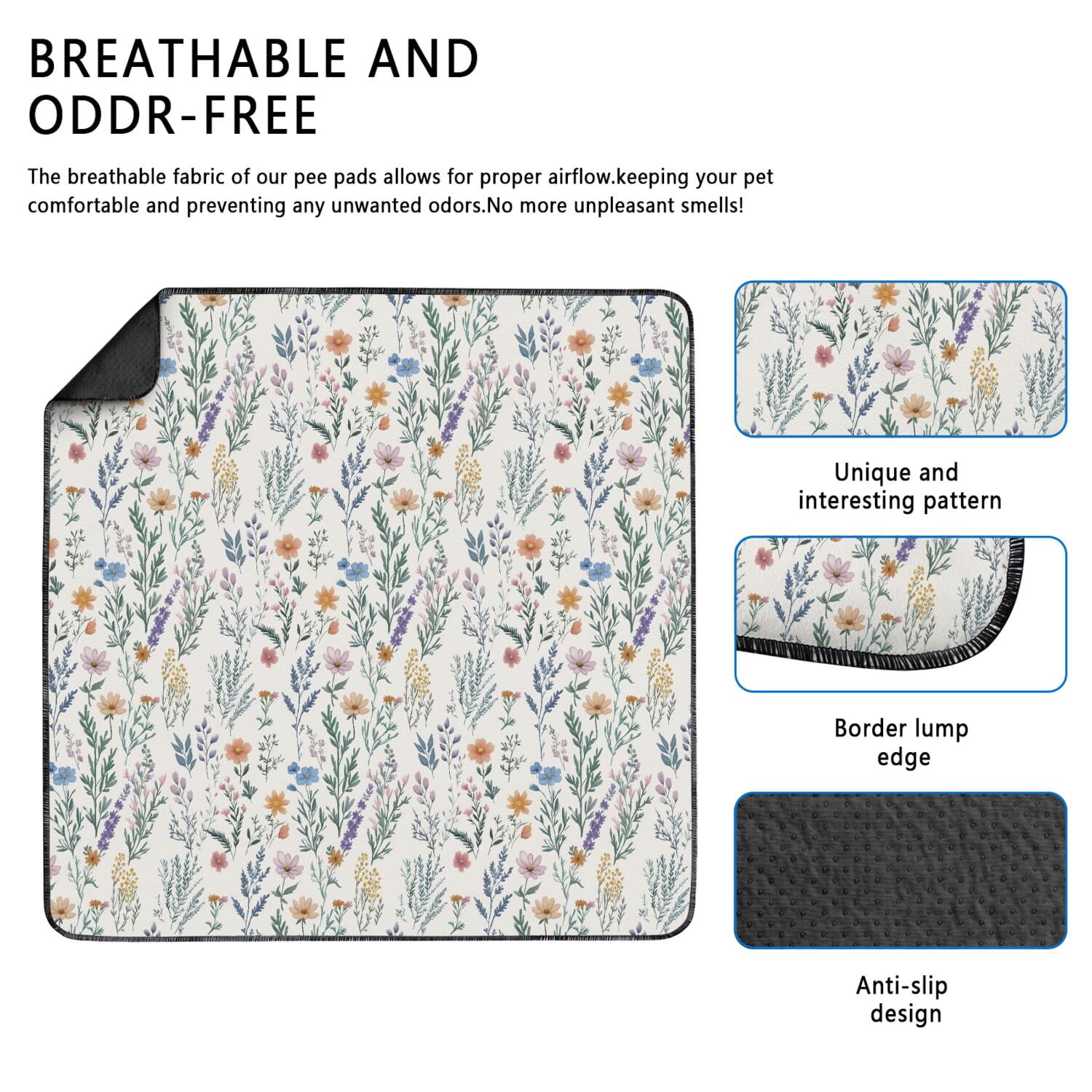 48x48 Inch Reusable Puppy Pad with Attractive Flower Pattern, Highly Absorbent Washable Mat for Pet Training, Durable for Indoor and Crate Use.