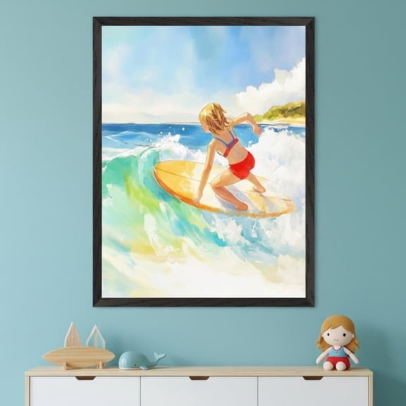 Girl Surfer Wall Art Beach Nursery Decor Coastal Style Print Surfing Unframed Paper Poster 8x10in