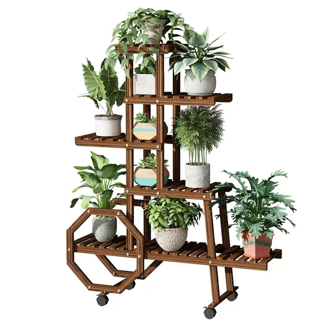 Magshion Wooden Flower Rack with 4 Swivel Casters, 5Tier Plant Stand