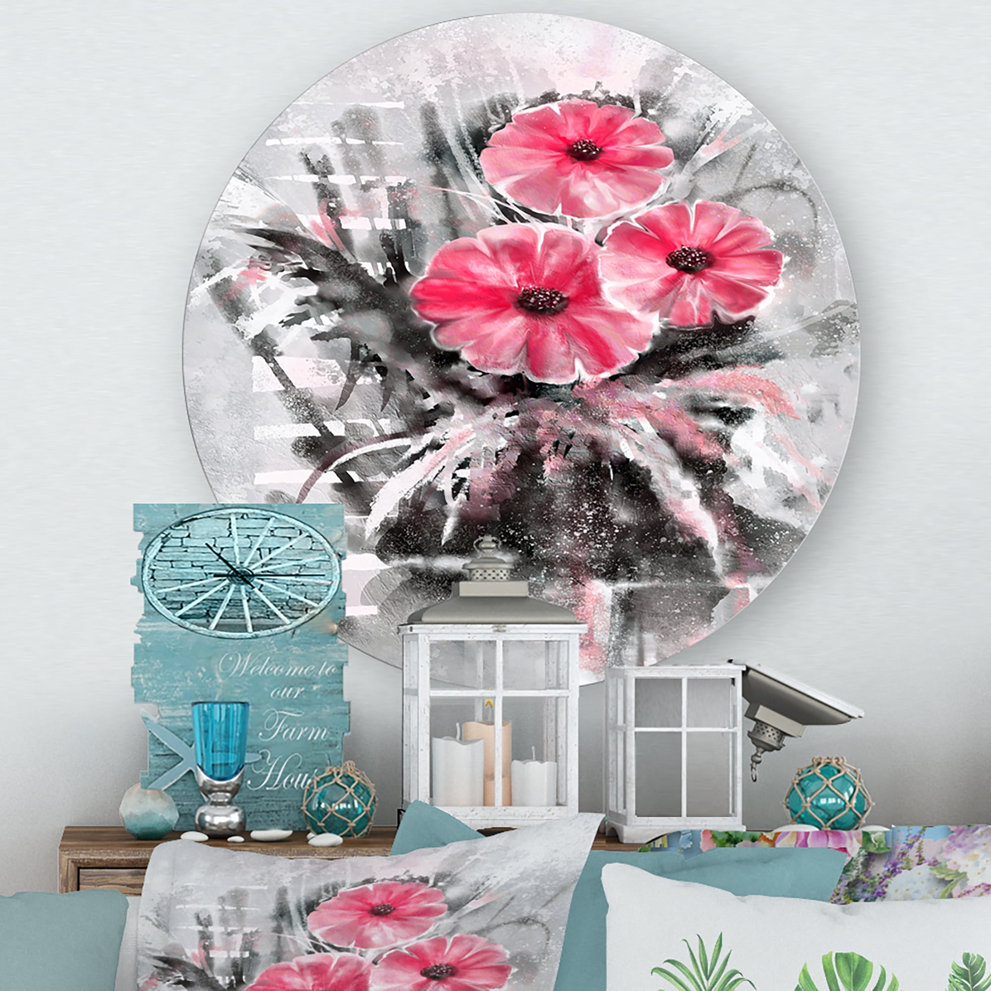 Designart 'Abstract Red Flowers On Gray Background' Traditional Circle Metal Wall Art 11x11 - Disc of 11