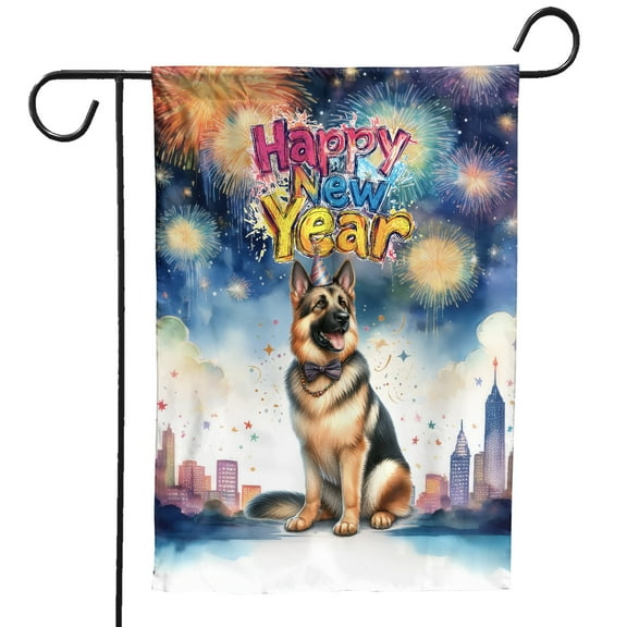 Happy New Year with German Shepherd Fireworks Holiday Xmas Winter 2025 Garden Flag 12x18in Double Sided Alsatian Dog Lover Gifts Outdoor Decor - 00025