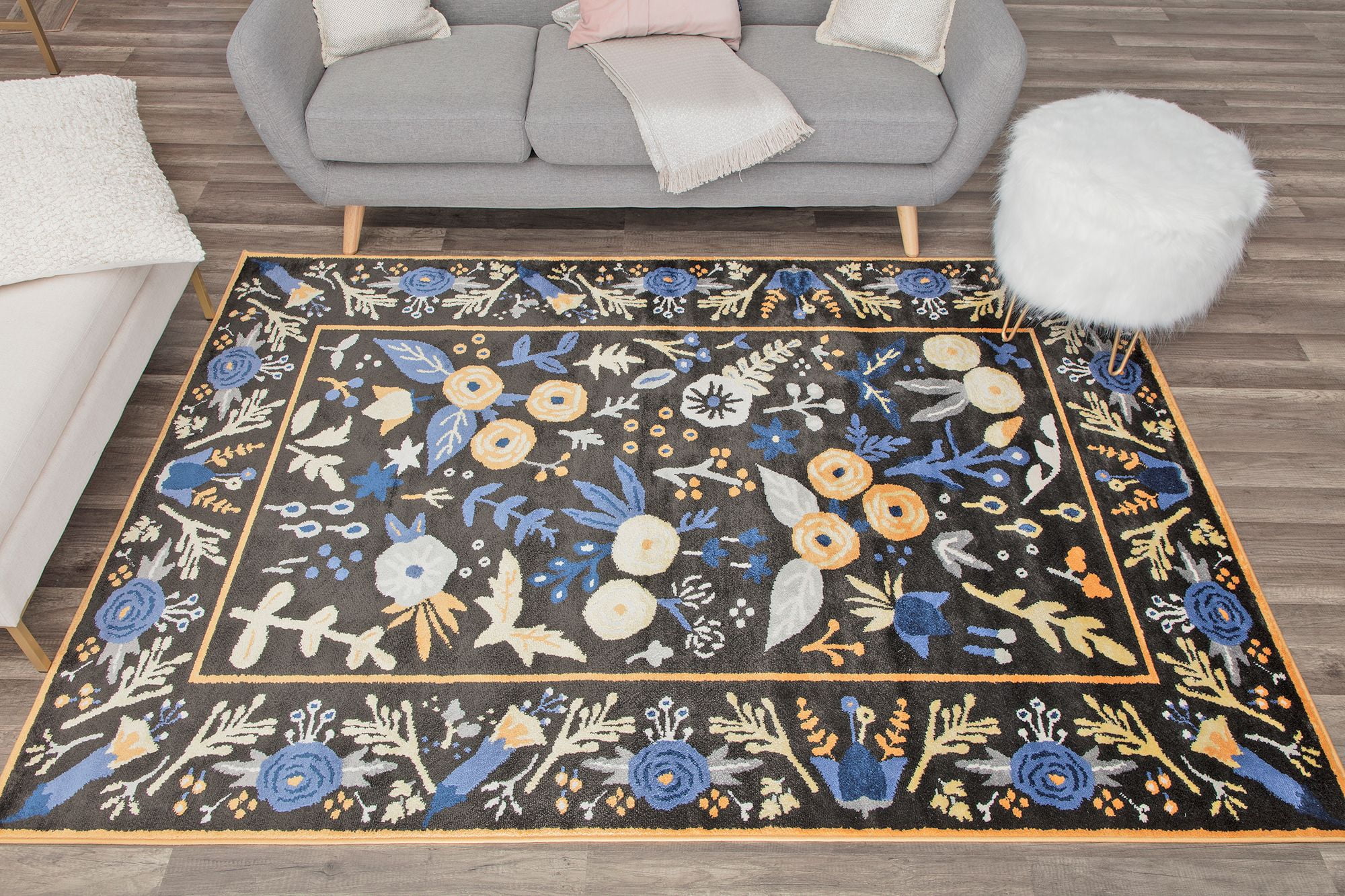 Rugs America Hanna VA30B Gardenia Golden Night Floral Transitional Black Area Rug, 9'x12'
