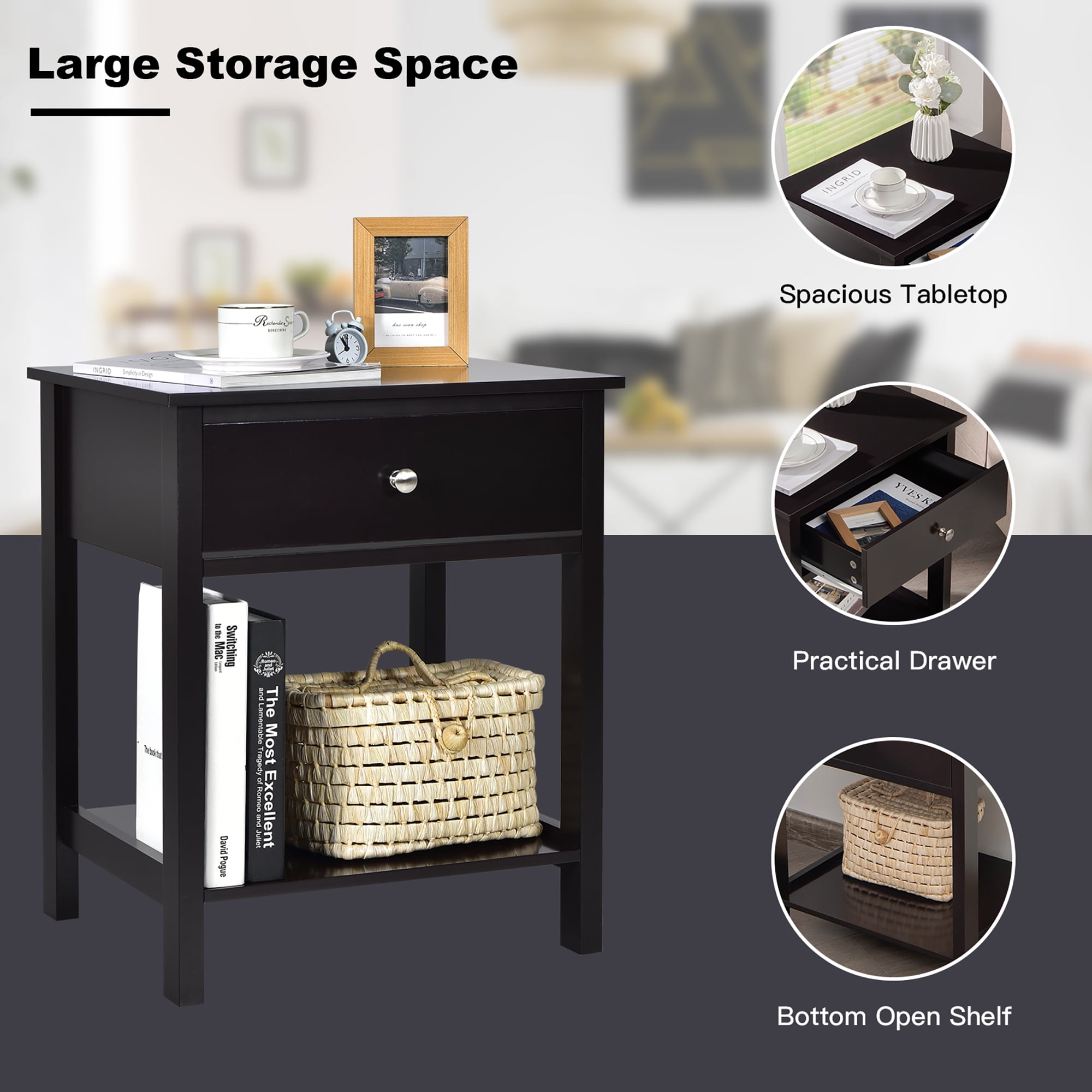 Costway Nightstand with Drawer Storage Shelf Wooden Bedside Sofa Side Table Black