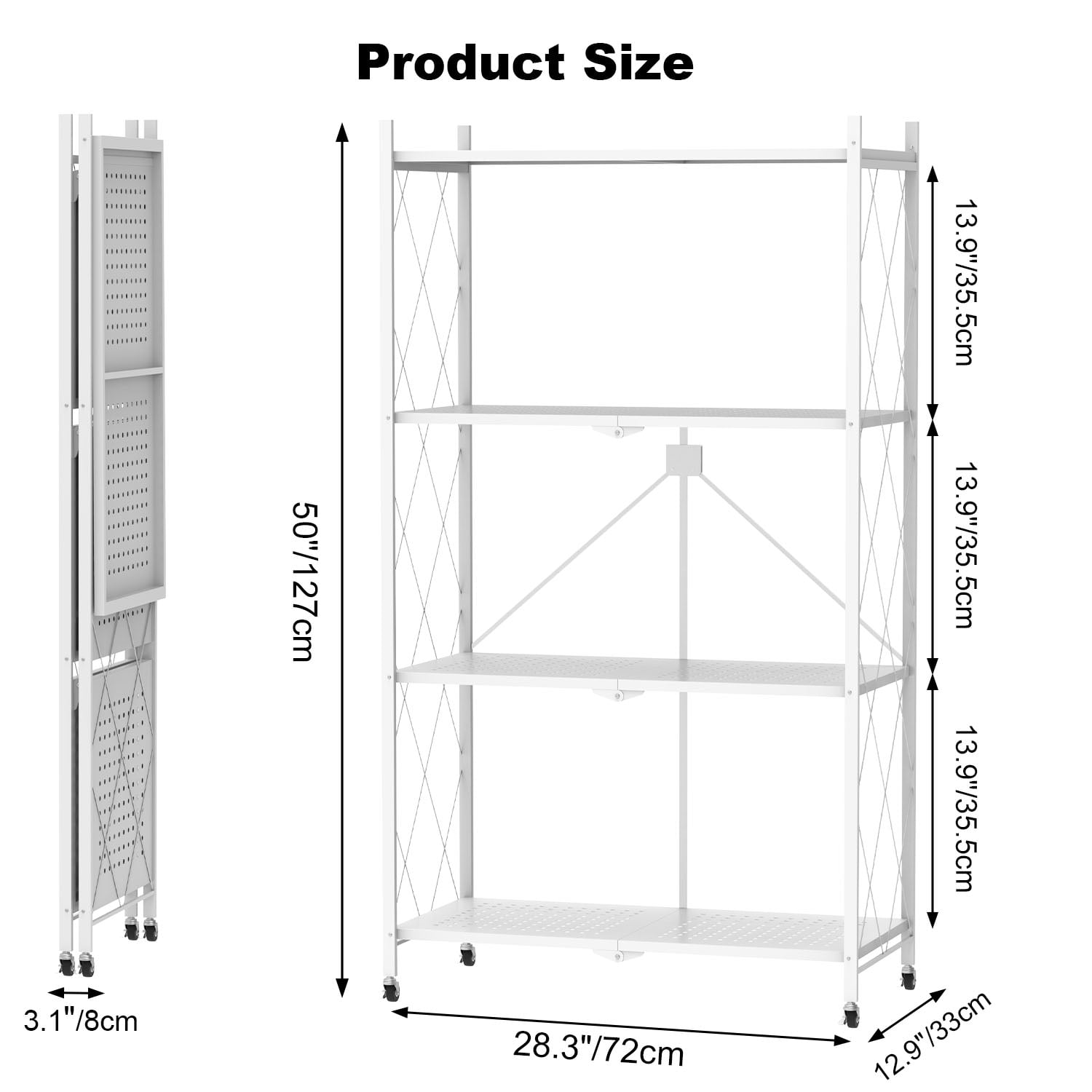 4 Tier Foldable Shelf with Wheels, Portable Carbon Steel No Assembly Organizer, Collapsible Rolling Standing Utility Storage Rack for Kitchen Pantry Office,White