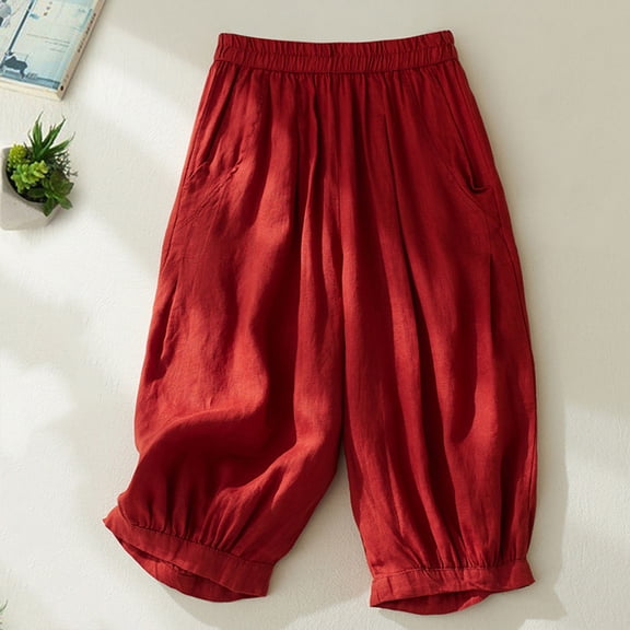 Nuoqisi Women's Culottes Cotton Linen Cropped Wide Leg Pants Elastic Waist Casual Palazzo Trousers with Pockets