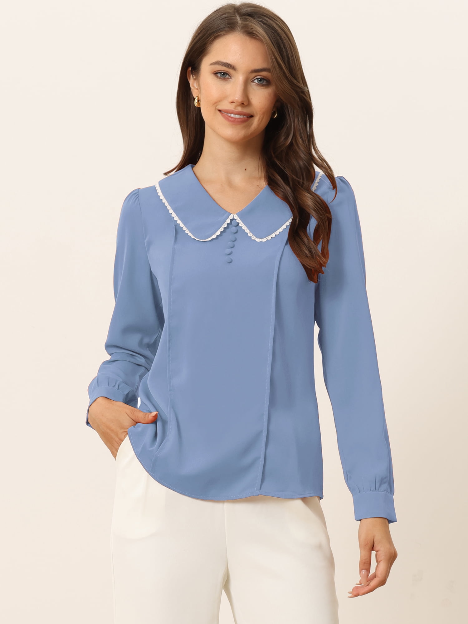 DARING DIVA Women's Peter Pan Collar Button Chiffon Blouse S Dusty Blue