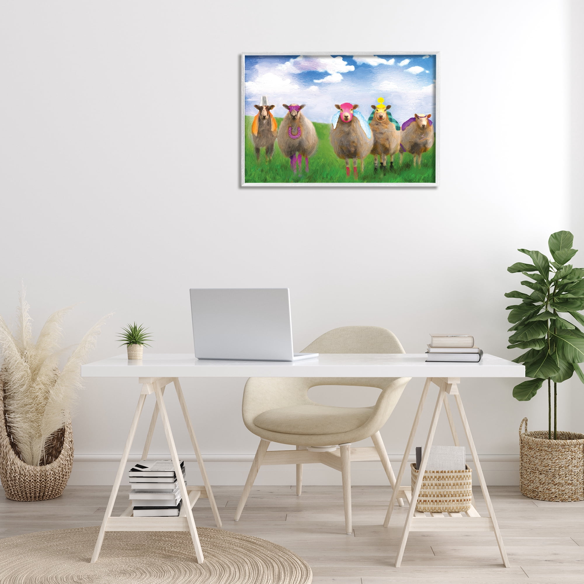 Stupell Industries Superhero Sheep in Field Animals & Insects Painting White Framed Art Print Wall Art, 30 x 20