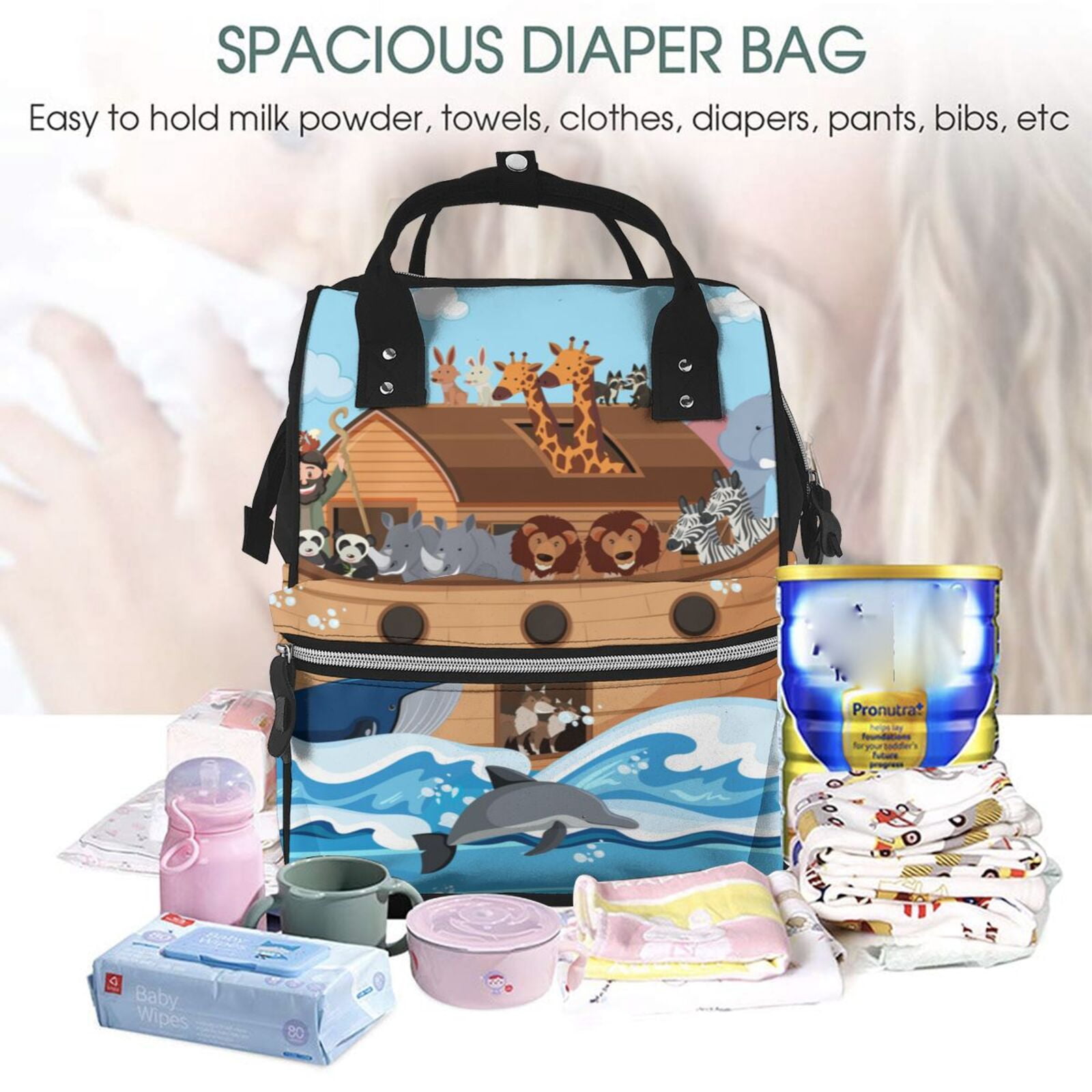 Ratiio Animals on Noah's Ark Mummy Backpack - Waterproof Twill Canvas, Large Capacity Diaper Bag with Multiple Pockets and Adjustable Straps