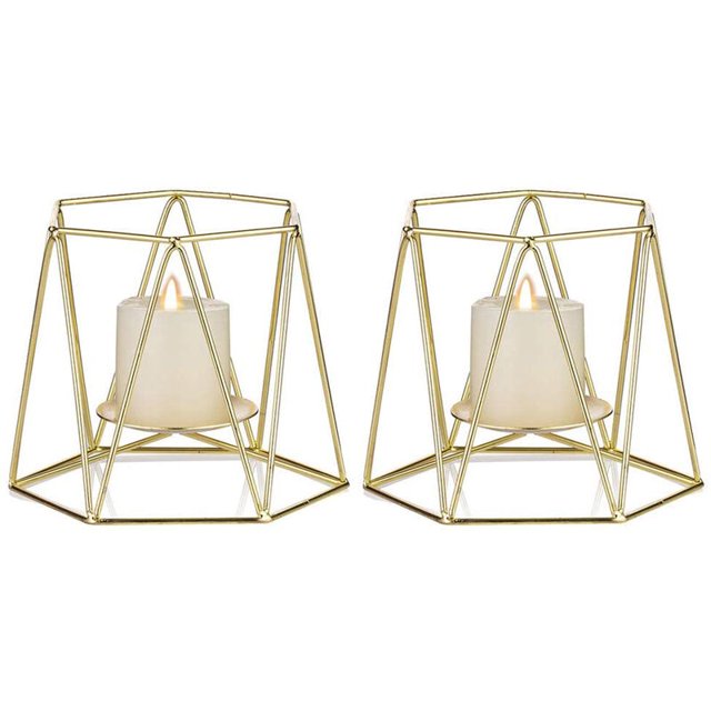 Juego de 2 candelabros de metal dorado, candelabros elegantes geométricos, centros de mesa con candelabros navideños