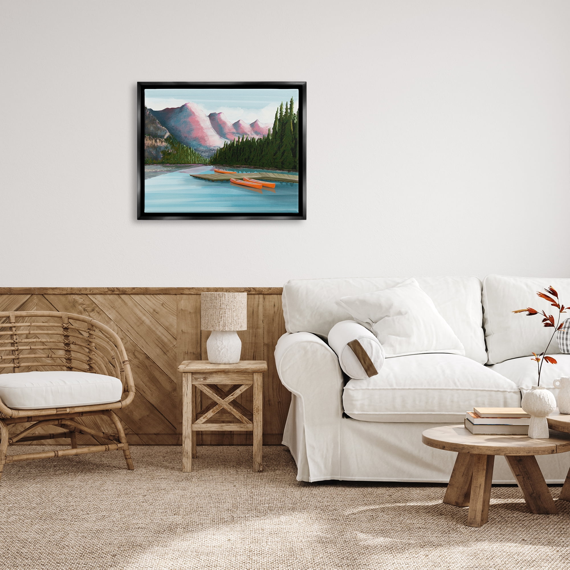 Stupell Calming Lake Camp Nature Canoes Landscape Painting Black Floater Framed Art Print Wall Art