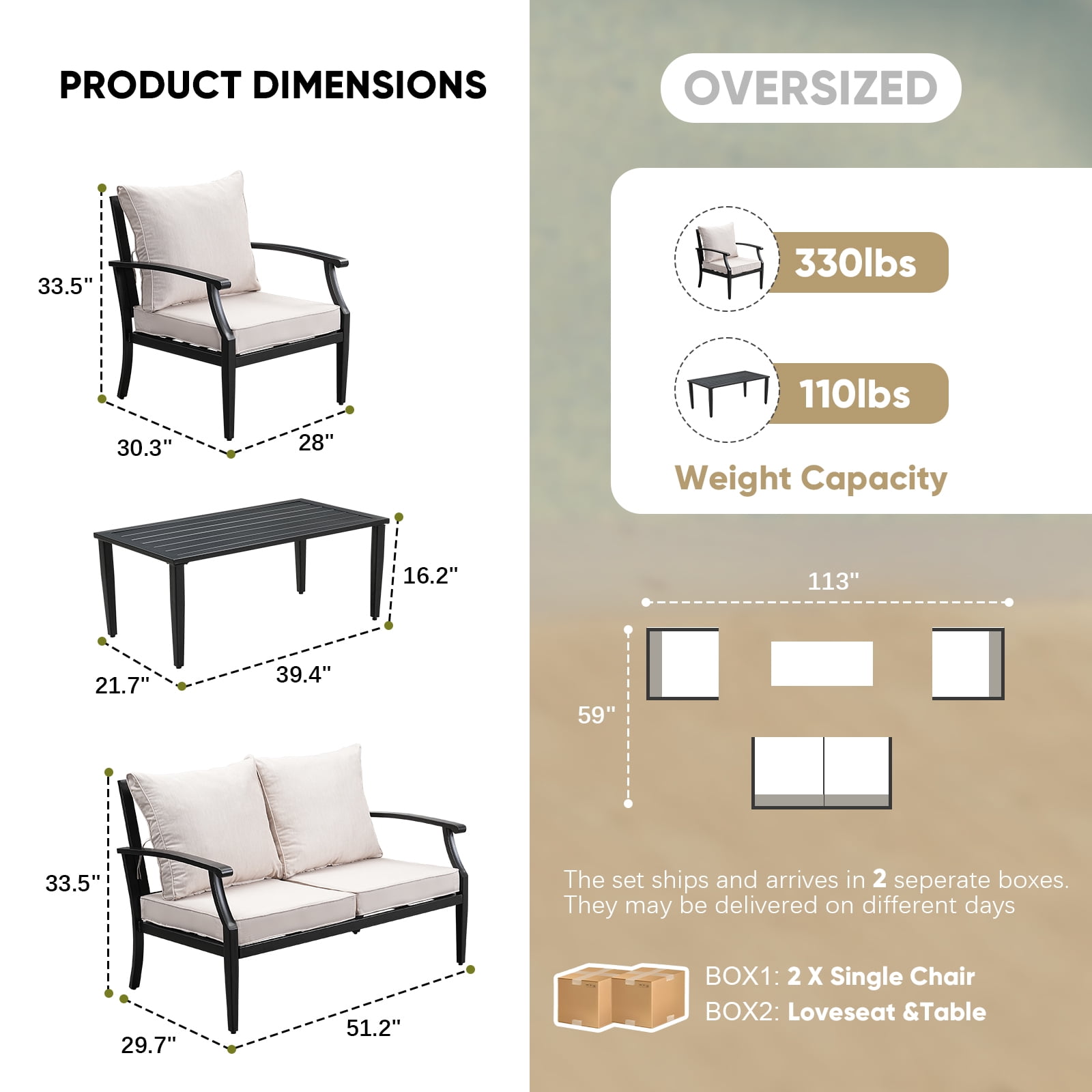 JOYURE 4 pieces Patio Furniture Set w/loveseat,Coffe Table,Outdoor Conversation Metal Sofa with High Back and Thick Cushion,for Backyard,Garden,Beige
