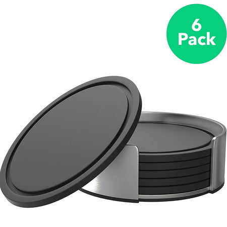 Vremi Drink Coasters Set of 6 with Holder - Round Black BPA Free Silicone with Stainless Steel Coaster Case - Fits Any Size Cup Mug or Glasses to Protect Furniture from Water Marks (Best Steel Roller Coasters 2019)
