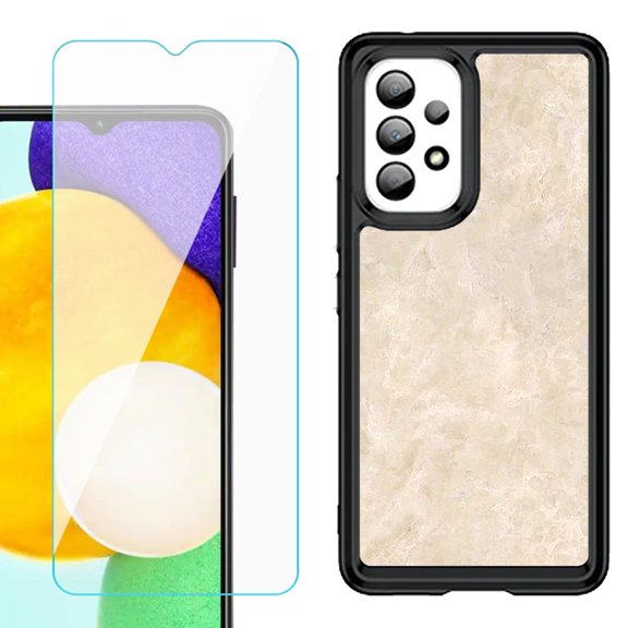 Shockproof Bumper (Black Frame) phone Case for Samsung Galaxy A23 5G, with Tempered Glass Screen Protector, by OneToughShield ® - Marble / Latte