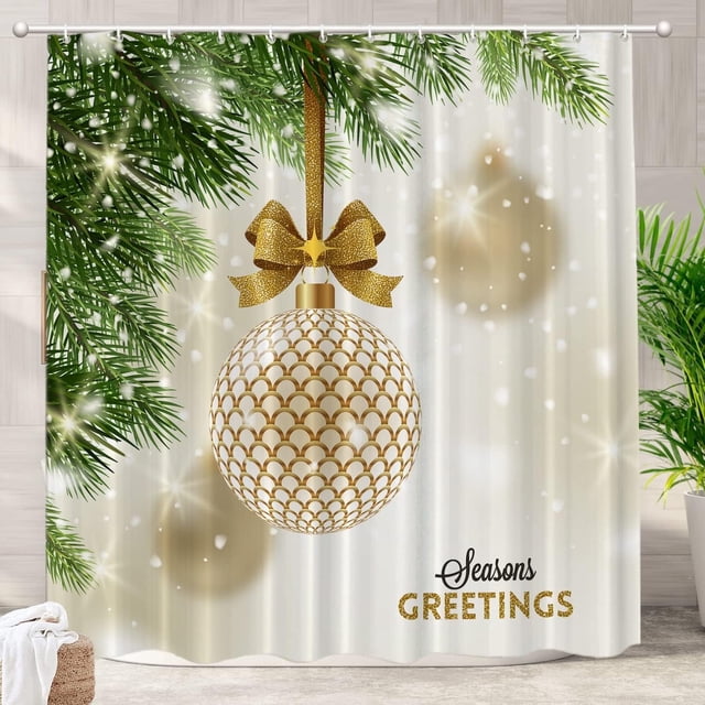 Christmas Tree Decor Shower Curtain,Golden Bauble with Glitter Gold Bow Bathroom Decor Polyester Fiber Plastic Rings Quick-Drying Waterproof for Bathtubs/Bathroom, 72x72 inches