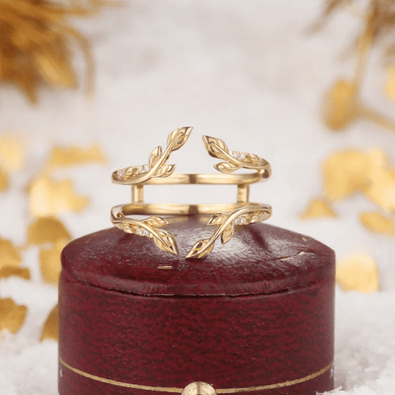 Unique Round Cut Diamond Double Curved Wedding Band in 14K Yellow Gold Vermeil- Leaf Ring Enhancer Promise Custom Anniversary Rings For Women