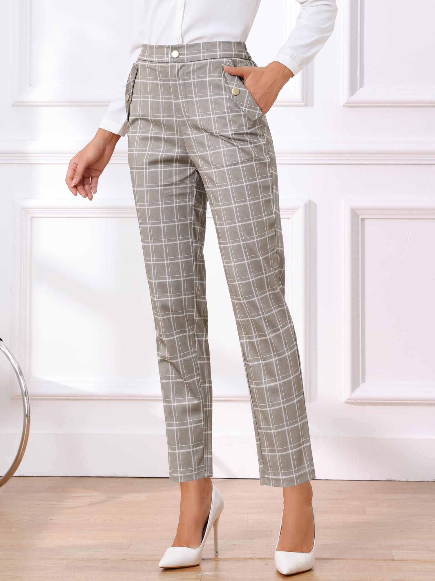 DARING DIVA Women's Tartan Plaid Pants Elastic Waist Straight Long Trousers M Tan
