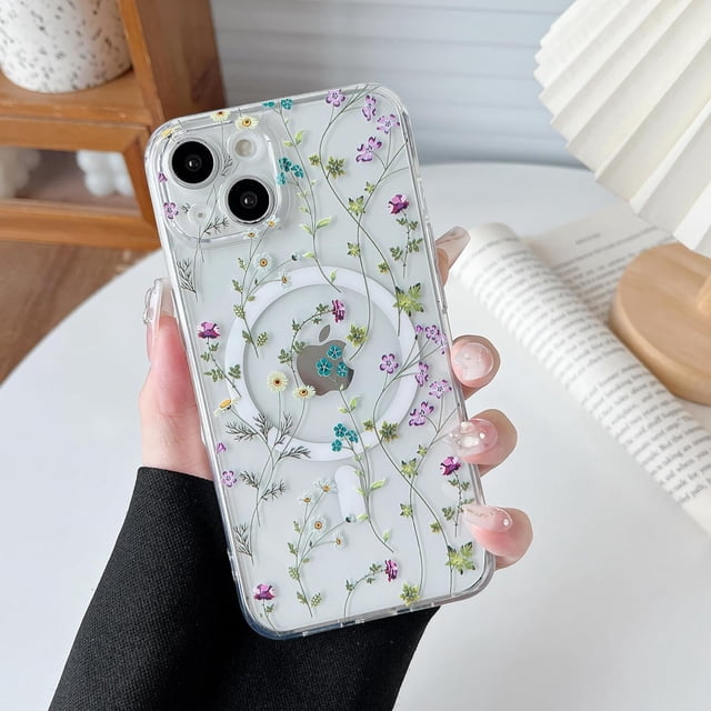UTAH-for iPhone 15 Plus Case Compatible with MagSafe Clear Floral Case with Flower Branch Pattern for Girls Women Slim Cute Hard Back Shockproof Phone Case for iPhone 15 Plus,Transparent