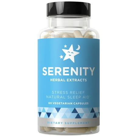 Serenity Natural Sleep Aid & Stress Relief - Relax Mind & Body, Fall Asleep Fast Without Waking Up Groggy - Non-Habit Sleeping Pills - Magnesium, Valerian, Chamomile - 60 Vegetarian Soft (Best Meds For Sleep And Anxiety)
