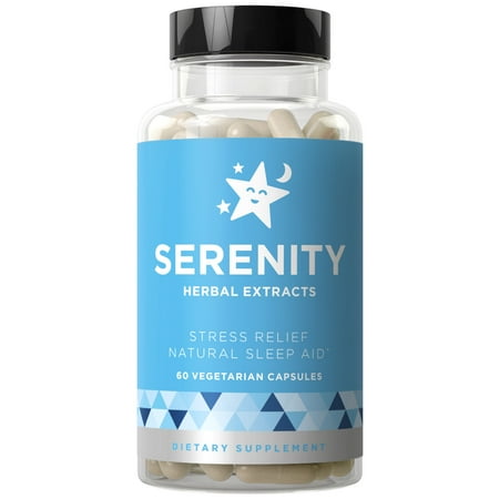 Serenity Natural Sleep Aid & Stress Relief - Relax Mind & Body, Fall Asleep Fast Without Waking Up Groggy - Non-Habit Sleeping Pills - Magnesium, Valerian, Chamomile - 60 Vegetarian Soft (Best Sleeping Pills For Jet Lag)