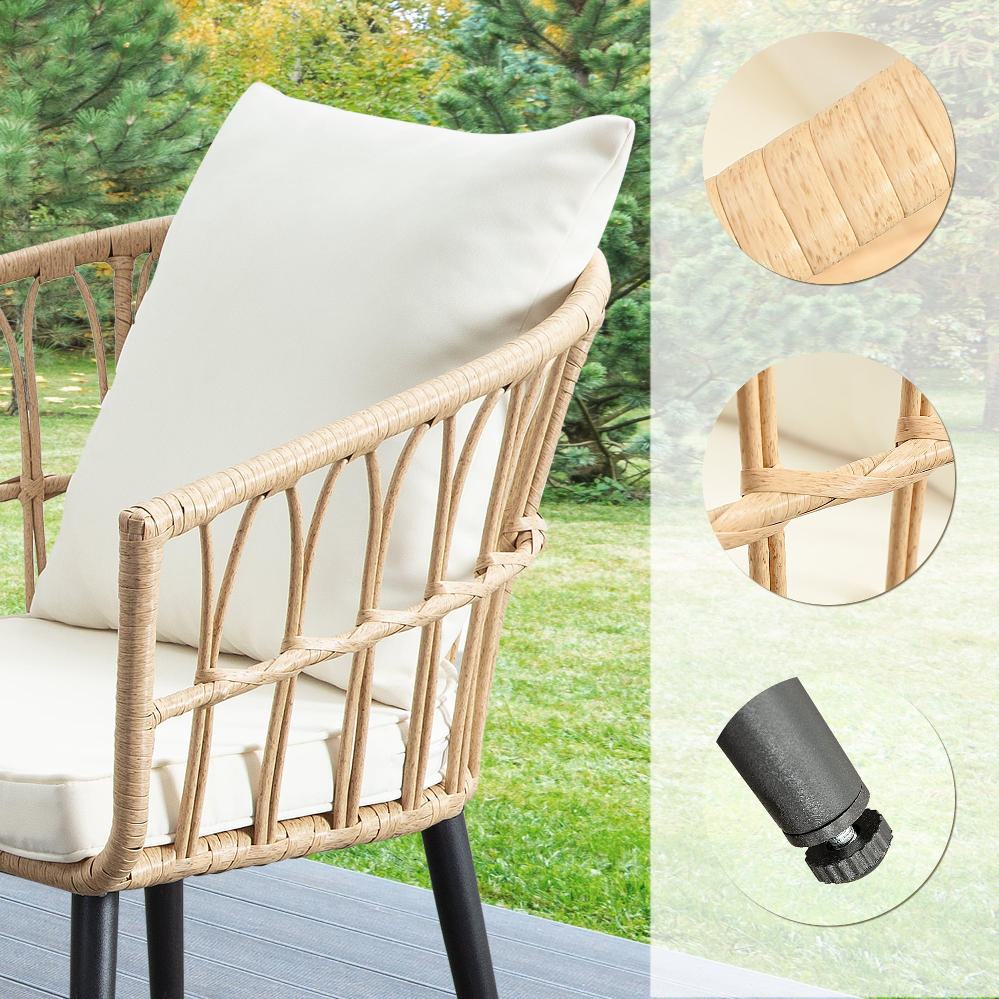 Ainfox 3-Piece Steel Outdoor Bistro Sets with Metal Chairs and Glass Top Table, Beige