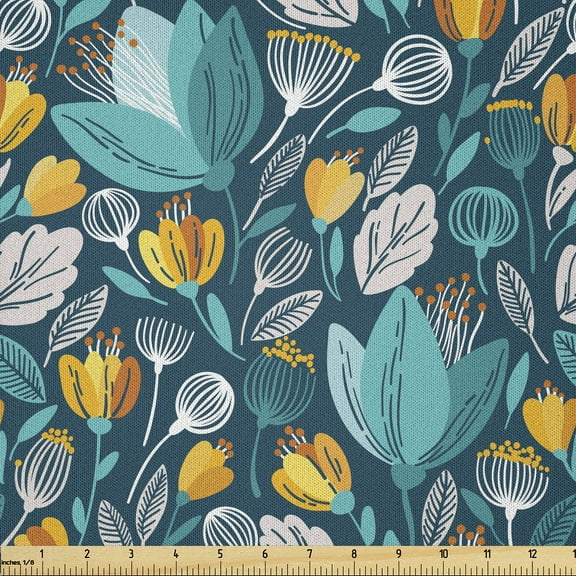 Ambesonne Floral Fabric by the Yard Microfiber, Spring Growth Meadow Design, 5 Yards, Dark Teal and Pale Orange