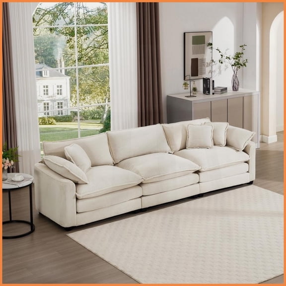 Mid-Century Modern 3-Seater Sofa with 5 Pillows – Light Beige Corduroy for Living Room